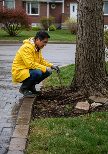 homeowner-inspecting-tree-roots-driveway-barrie