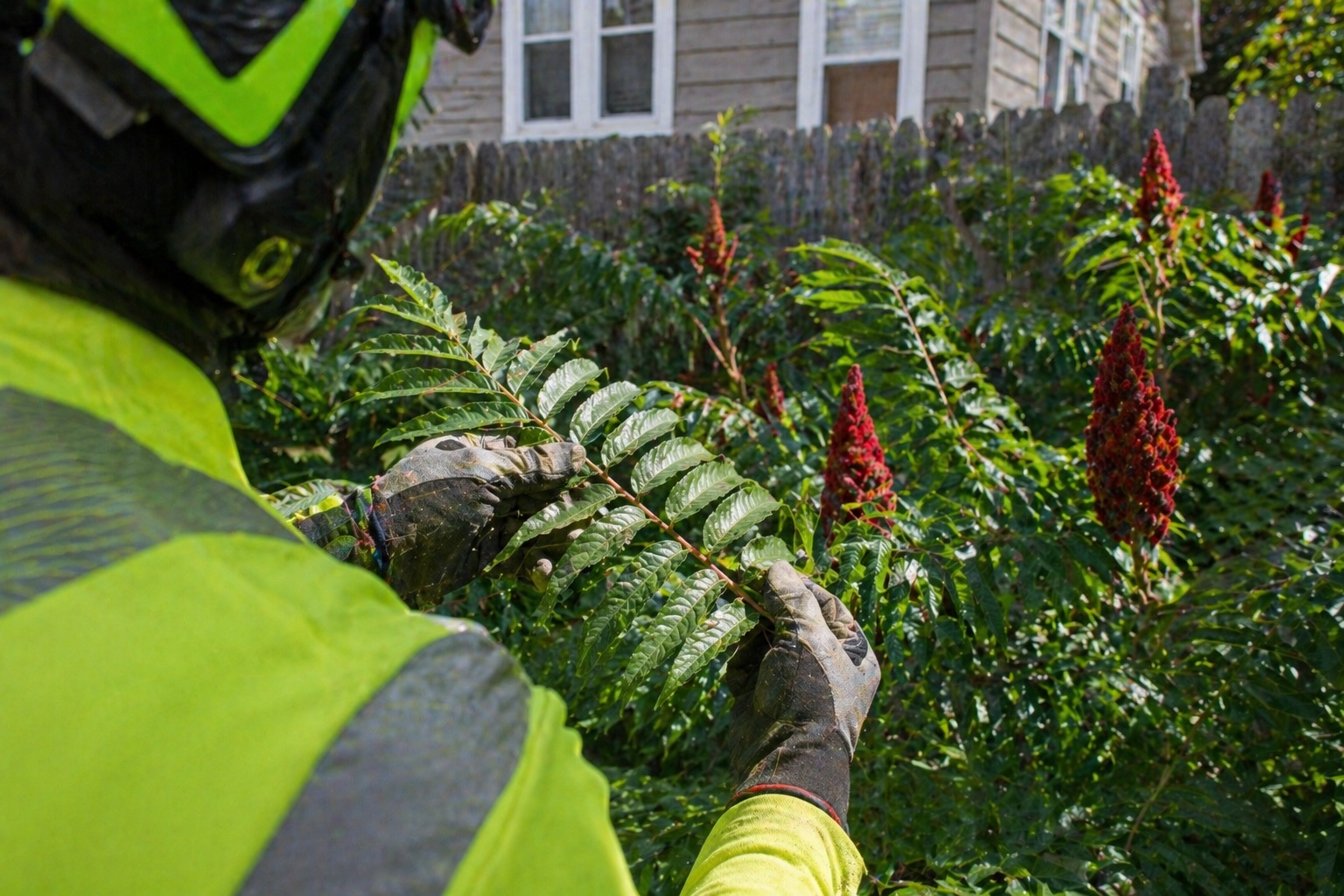 arborist inspecting sumac tree
